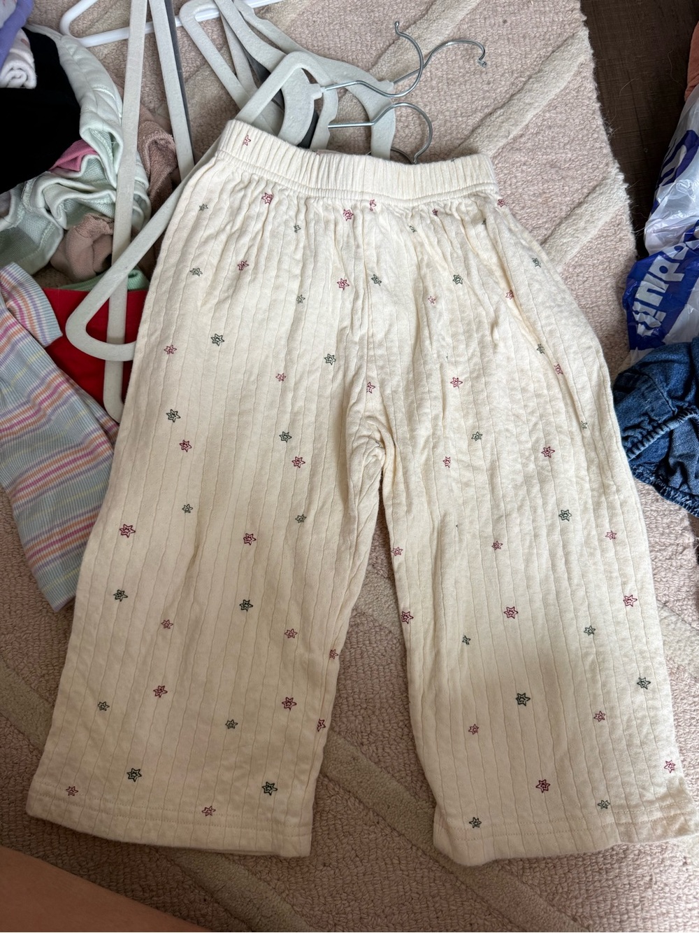 Cream Quilted Kids Casual Pants with Pink & Green Star Print